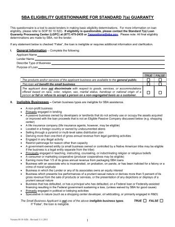 SBA Eligibility Questionnaire for Standard 7(A) Guaranty - SEED Corp