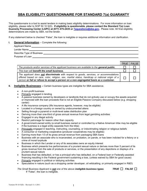 SBA Eligibility Questionnaire for Standard 7(A) Guaranty - SEED Corp