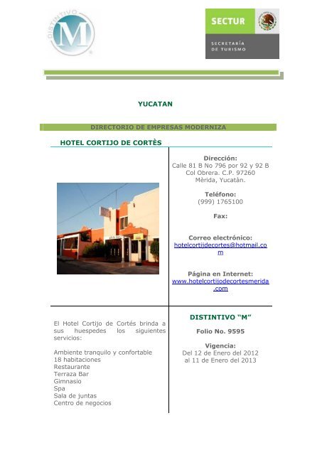 YUCATAN HOTEL CORTIJO DE CORTÈS DISTINTIVO “M” - Sectur