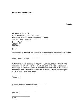 LETTER OF NOMINATION Sample Mr. Chris Dodds, C.P.P. Chair ...