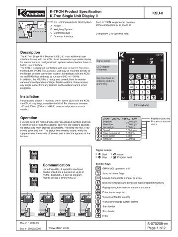 KSU-II K-TRON Product Specification K-Tron Single Unit Display II S ...