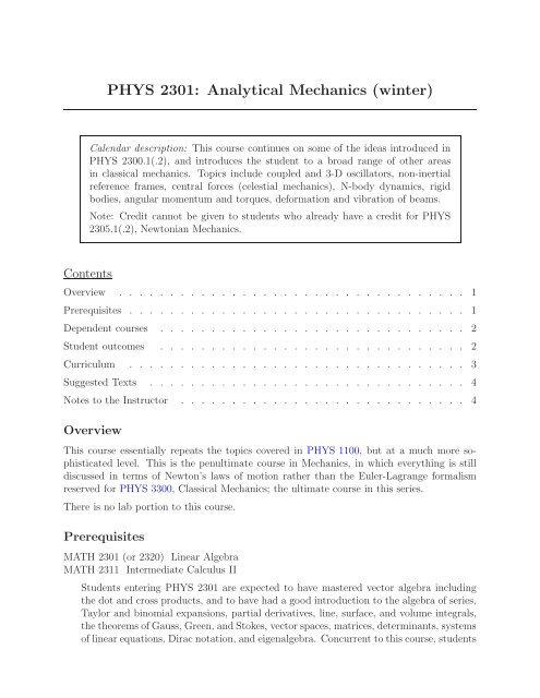 PHYS 2301: Analytical Mechanics (winter)
