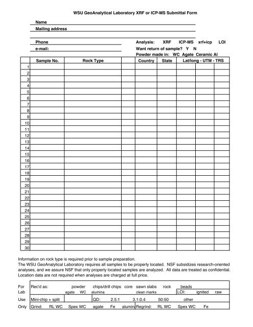 WSU GeoAnalytical Laboratory XRF or ICP-MS Submittal Form ...