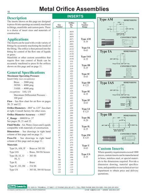 Metal Orifice Assemblies - O'Keefe Controls Inc