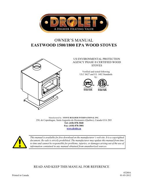 owner's manual eastwood 1500/1800 epa wood stoves - Drolet