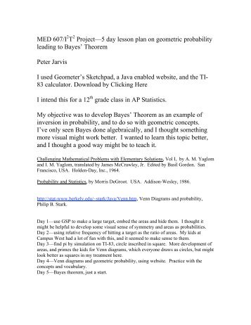 MED 607/I2T2 Projectâ5 day lesson plan on geometric probability ...