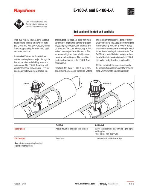 E-100-A and E-100-L-A - Tyco Thermal Controls