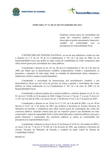 portaria nº 72, de 01 de fevereiro de 2012 - Tesouro Nacional