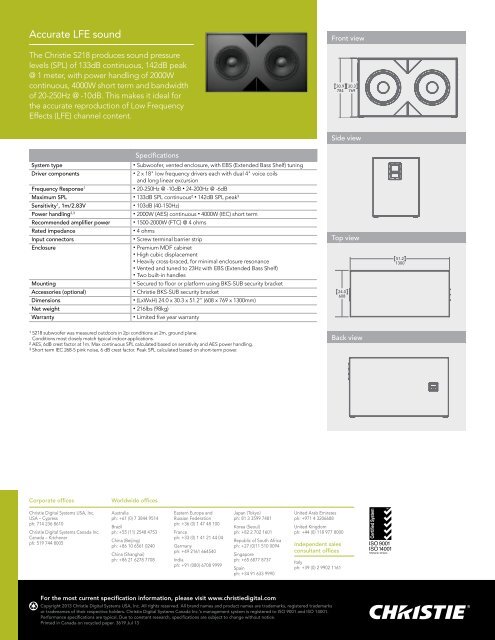 Christie Vive Audio Subwoofer - S118 Datasheet - Christie Digital ...