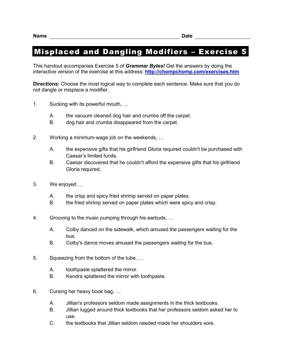 worksheet Dangling And Misplaced Modifiers Worksheet chompchomp com exercises htm all the best exercise in 2018 90 s from chompchomp