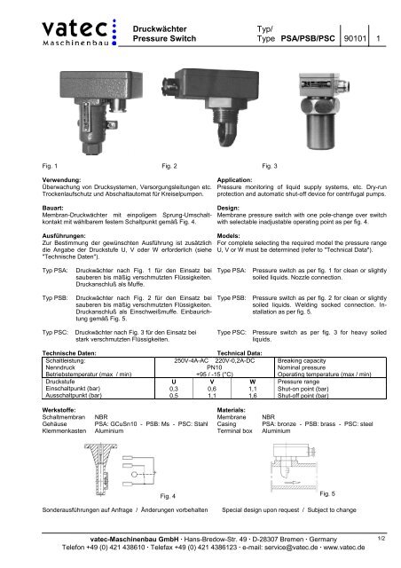 Pressure Switch Type PSA/PSB/PSC 90101 1 - vatec Maschinenbau ...