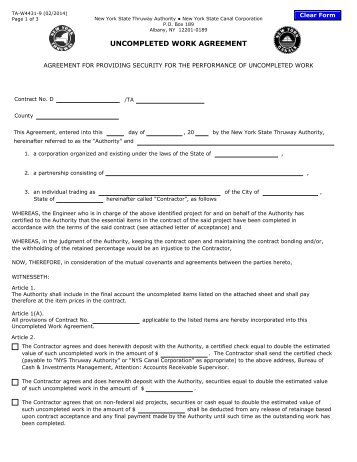 Uncompleted Work Agreement Form - New York State Thruway
