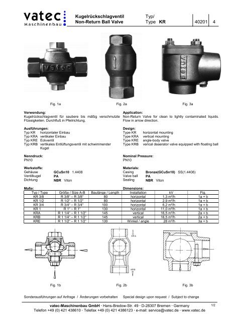 Non-Return Ball Valve Type KR 40201 4 - vatec Maschinenbau GmbH