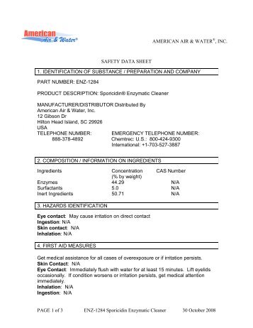 MSDS Sporicidin Enzymatic Cleaner - American Air & Water