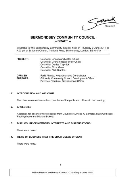 BERMONDSEY COMMUNITY COUNCIL - Meetings and minutes