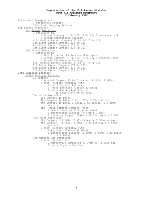 Organization of the 15th Panzer Division with all assigned ...