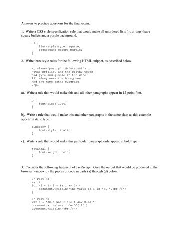 Answers to practice questions for the final exam. 1. Write a CSS style ...