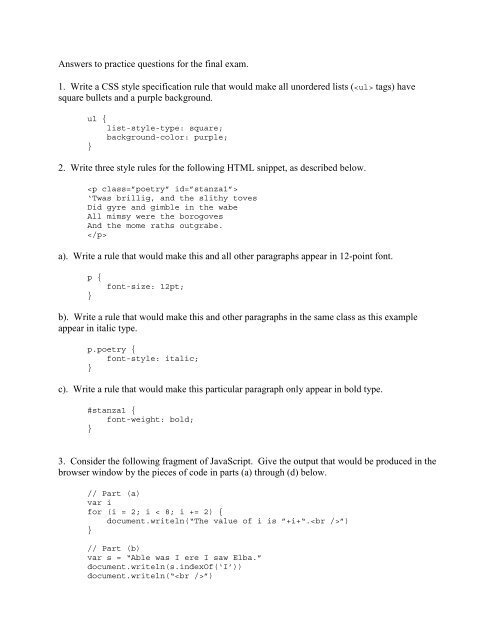 Answers to practice questions for the final exam. 1. Write a CSS style ...