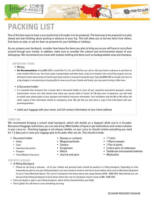 Packing List Ecuador - 2013 Trips - Free The Children