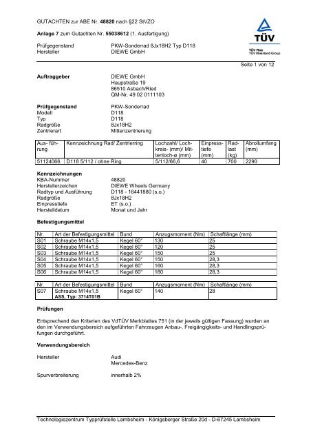 GUTACHTEN zur ABE Nr.  48820 nach §22 StVZO Anlage 7 zum ...