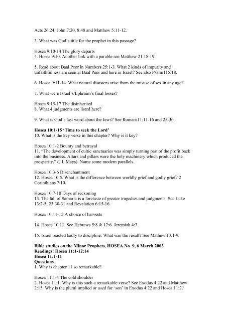 Bible studies on the Minor Prophets, HOSEA No.1, 9 January 2003 ...