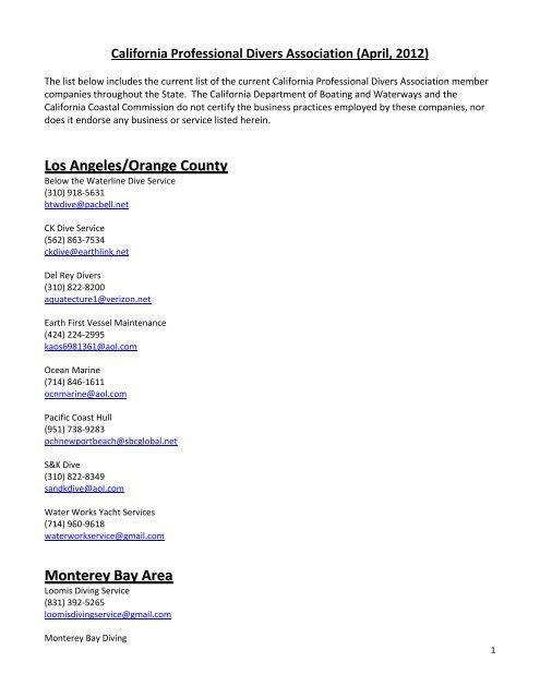 California Professional Divers Association (April, 2012) List of ...