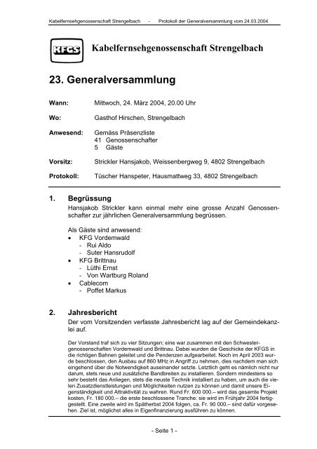 Kabelfernsehgenossenschaft Strengelbach 23. Generalversammlung