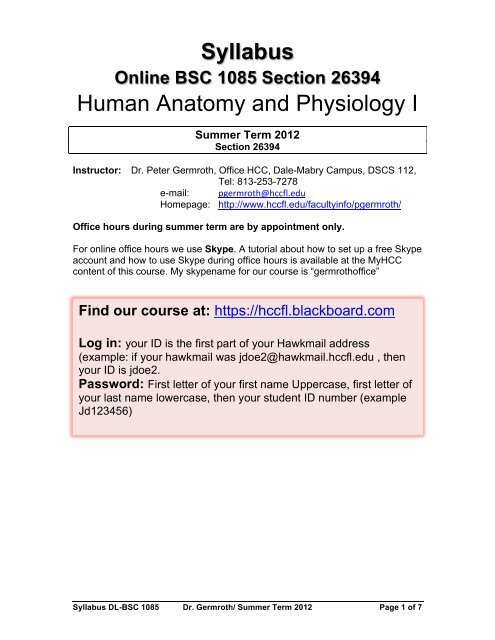 Syllabus Human Anatomy and Physiology I - Hillsborough ...