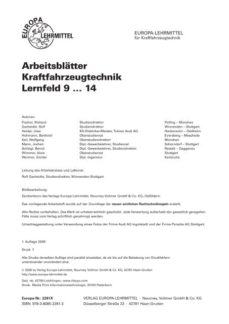 Arbeitsblätter Kraftfahrzeugtechnik Lernfeld 9 … 14