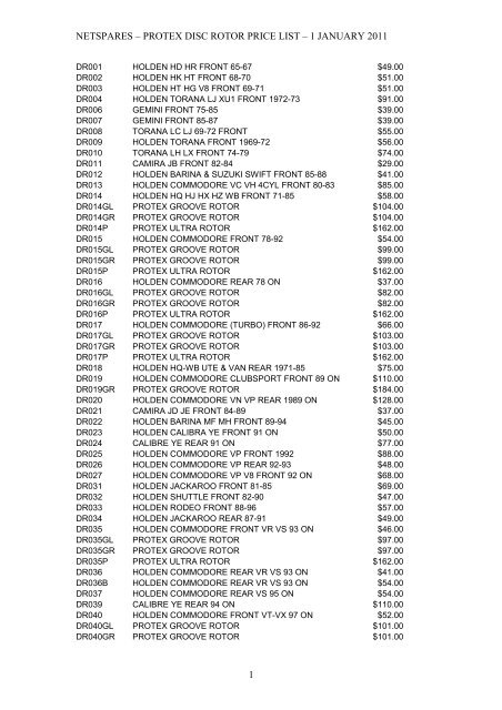 protex disc rotor price list - Netspares.com.au