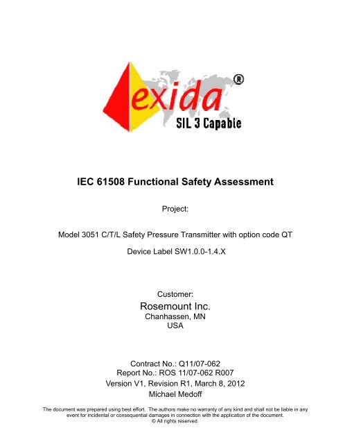 IEC 61508 Functional Safety Assessment Rosemount Inc. - Exida