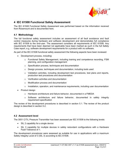 IEC 61508 Functional Safety Assessment Rosemount Inc. - Exida