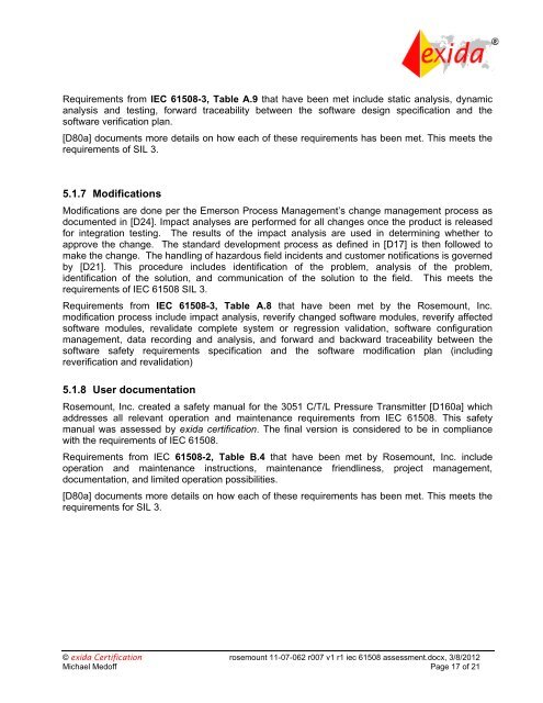 IEC 61508 Functional Safety Assessment Rosemount Inc. - Exida