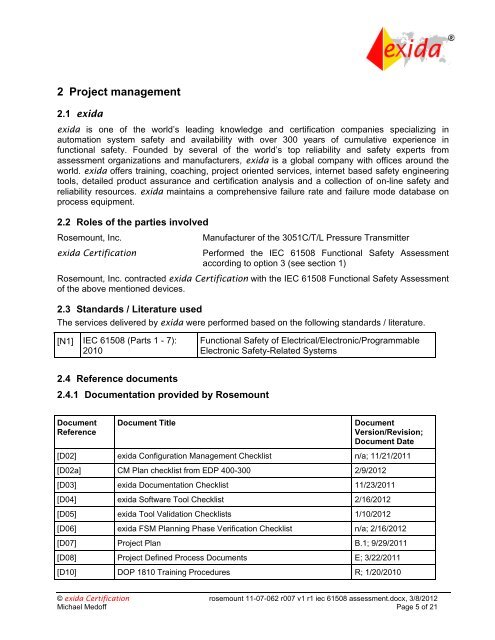 IEC 61508 Functional Safety Assessment Rosemount Inc. - Exida