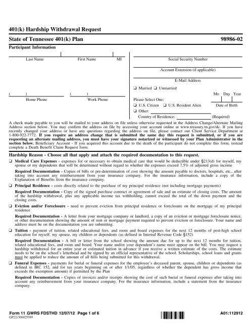 401(k) Hardship Withdrawal Request State of Tennessee 401(k ...