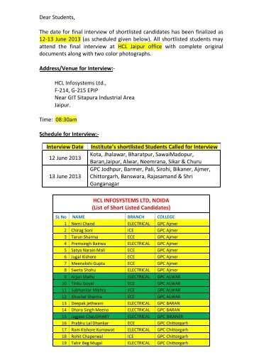 Dear Students, The date for final interview of shortlisted candidates ...