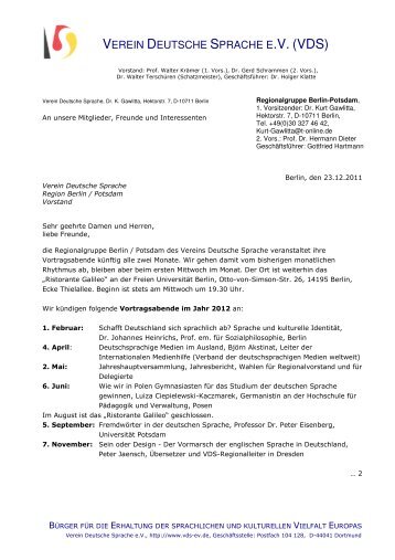 Brief unseres Vorstandes zum Jahreswechsel - Verein Deutsche ...