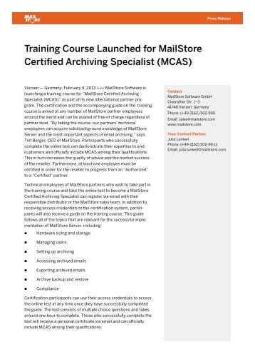 Training Course Launched for MailStore Certified Archiving Specialist