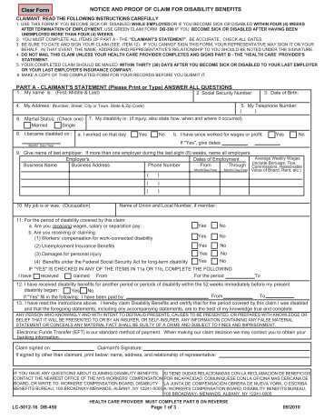 LC-5012 DBL-450 Notice of proof of claim for disablitity