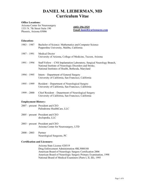 Daniel M Lieberman Md Curriculum Vitae Arizona State
