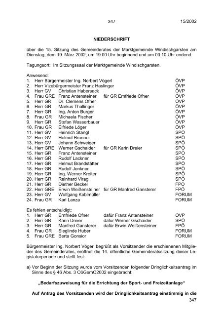 15/2002 347 347 NIEDERSCHRIFT Ã¼ber die 15 ... - Windischgarsten