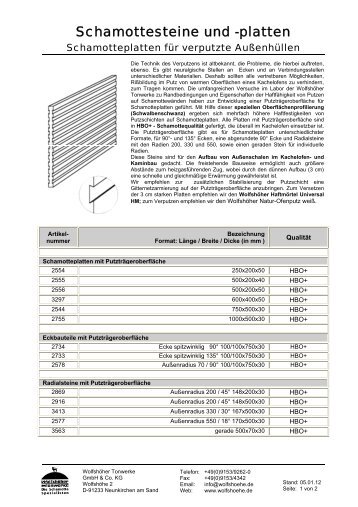 Schamottesteine und -platten - Wolfshöhe