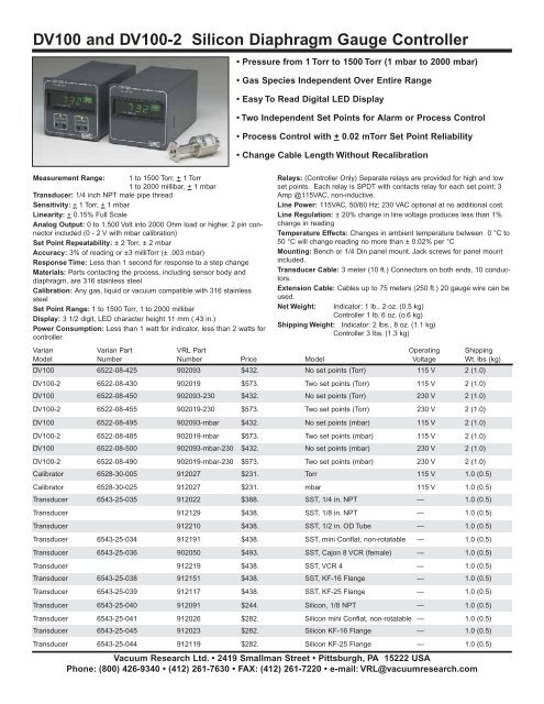 Varian Vacuum Gauges Now Available from VRL DV100 and ...