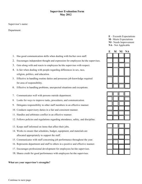 Supervisor Evaluation Form May 2012 E     M    NI NA