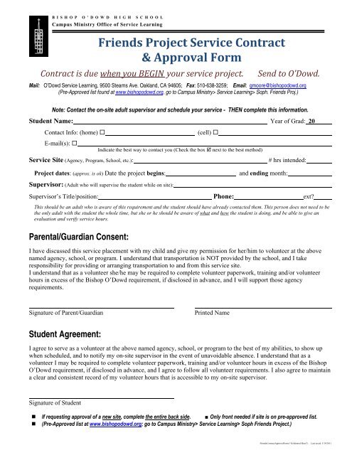 Friends Project Service Contract & Approval Form - Bishop O'Dowd ...