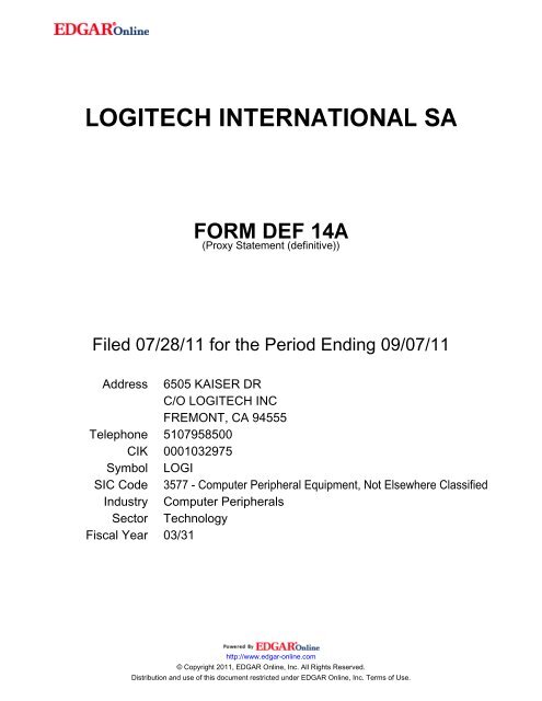 logitech international sa form def 14a shareholder com estimated cash flow statement
