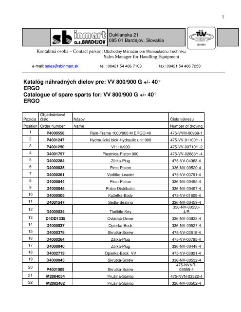 KatalÃ³g nÃ¡hradnÃ½ch dielov pre: VV 800/900 G +/- 40 ... - SB Inmart