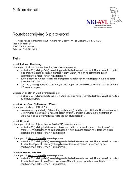 Routebeschrijving & plattegrond - NKI / AvL