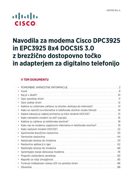 Navodila za modema Cisco DPC3925 in EPC3925 8x4 DOCSIS 3.0 ...