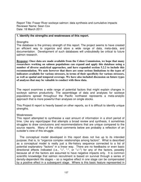 Fraser River sockeye salmon: data synthesis and cumulative impacts